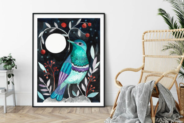 plakat z ptakiem we wnętrzu w stylu boho