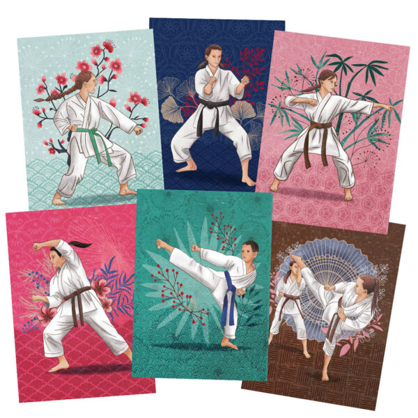 Karty z ilustracjami pozycji i technik karate, piękne na prezent dla karateki