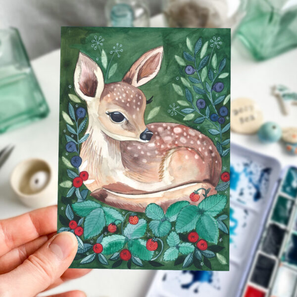 kartka na różne okazje z jelonkiem, malowana akwarelą