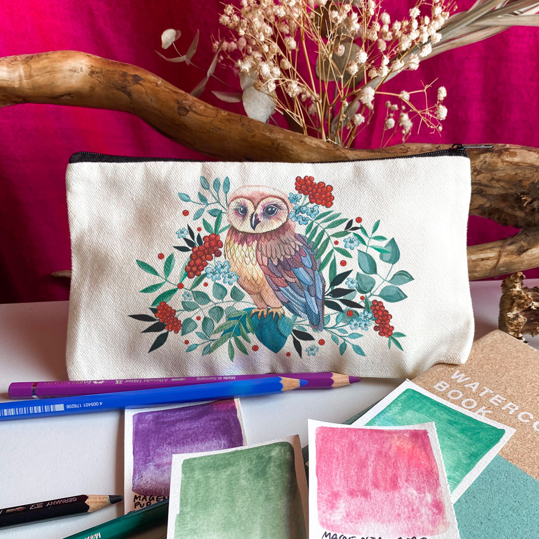 owl-sowa-kosmetyczka-piornik-na-kosmetyki-kredki-mazaki-dla-dziecka piórnik z sową na kredki, eko bawełna