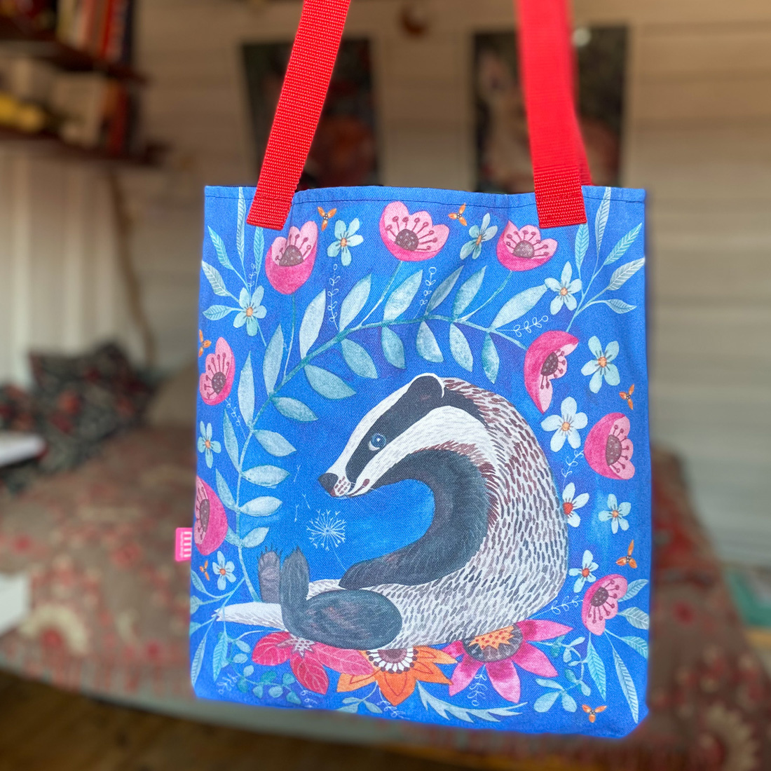 badger-torba-borsuk-kwiaty-lesne-zwierzeta torba z borsukiem, bawełniana na ramię