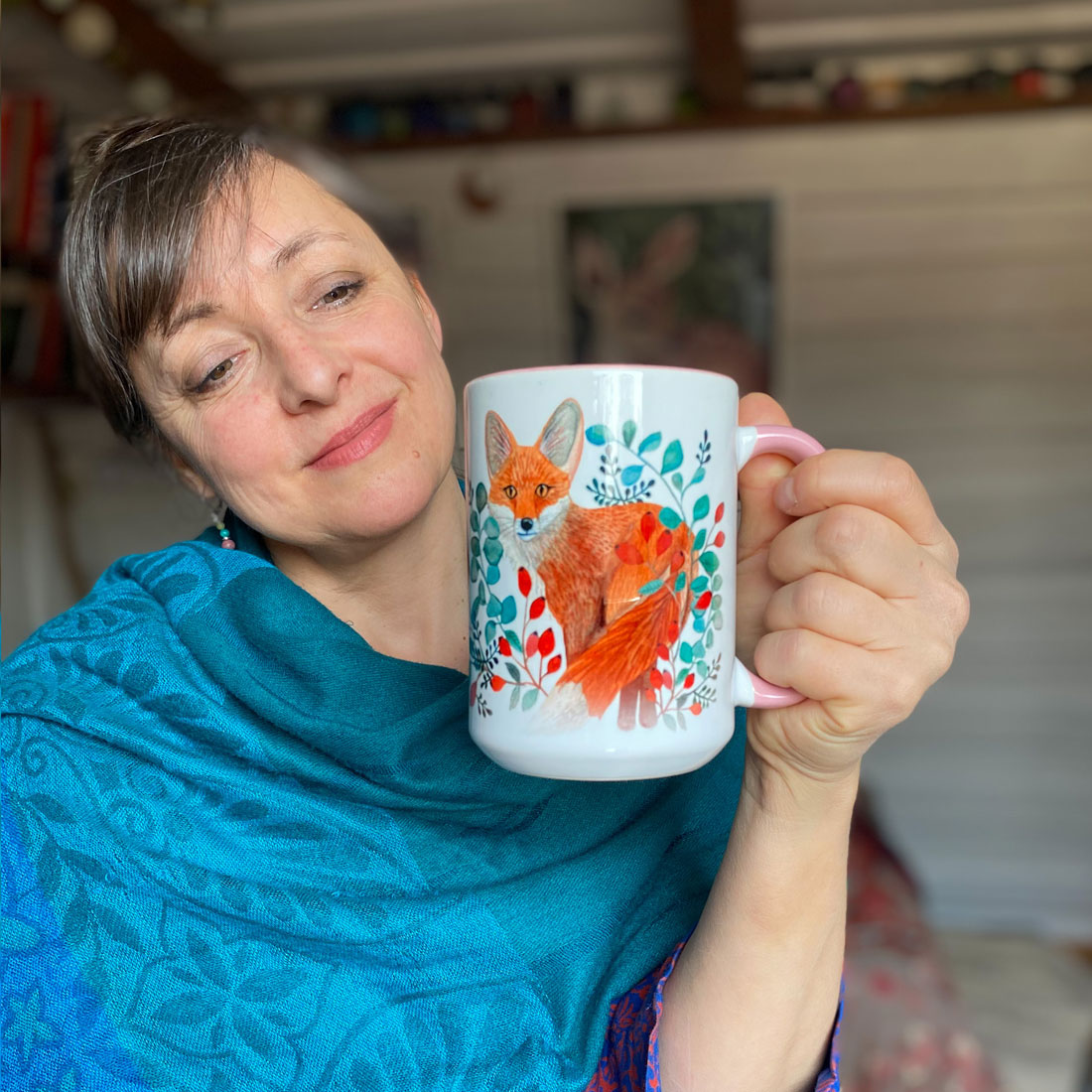 wild-fox-lis-kubek-450ml-dla-mamy-na-urodziny kubek z lisem i dziką różą, 450ml