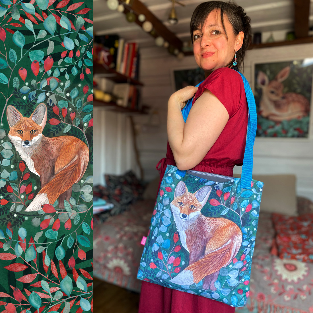 wild-fox-torba-lisek-dziki-lesne-zwierzeta torba z lisem, szyta ręcznie z grubej bawełny
