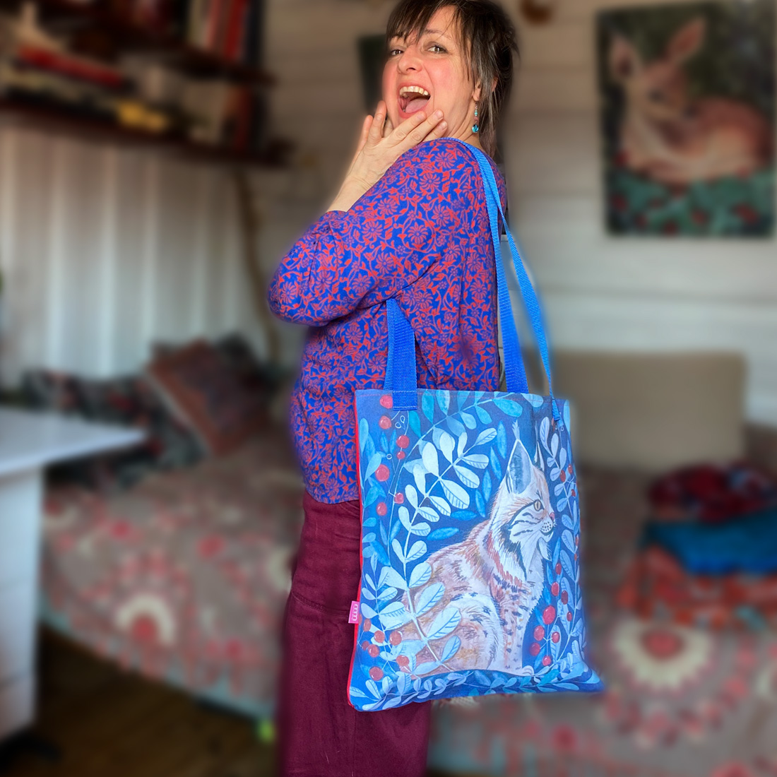 winter-lynx-borsuk-torba-lesne-zwierzeta bawełniana torba z rysiem