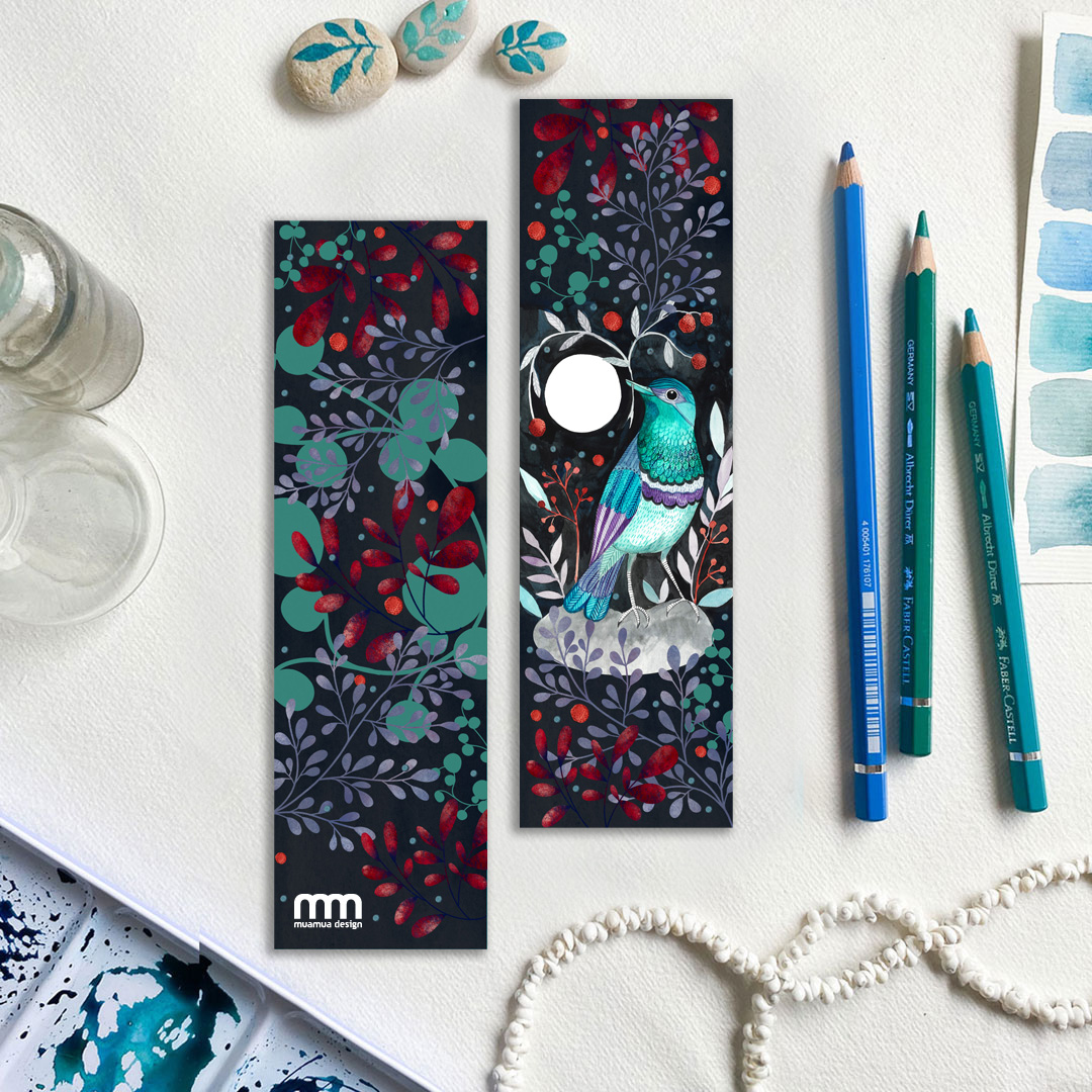 ptak i pełnia księżyca, piękna roślinna zakładka