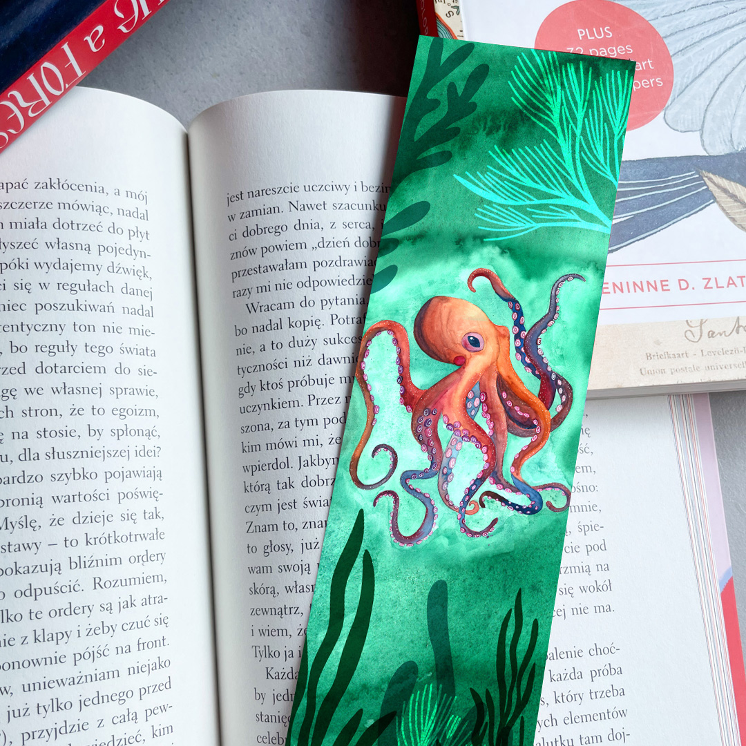 octopus-osmiornica-zakladka-na-prezent ośmiornica, zakładka do książki z botanicznym wzorem