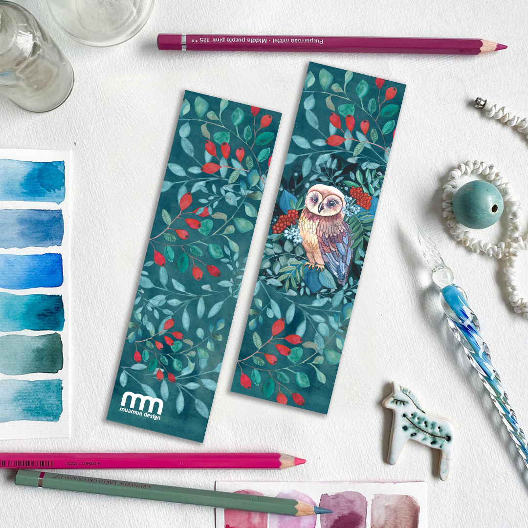 sowa w jarzębinie, zakładka do książki z botanicznym wzorem