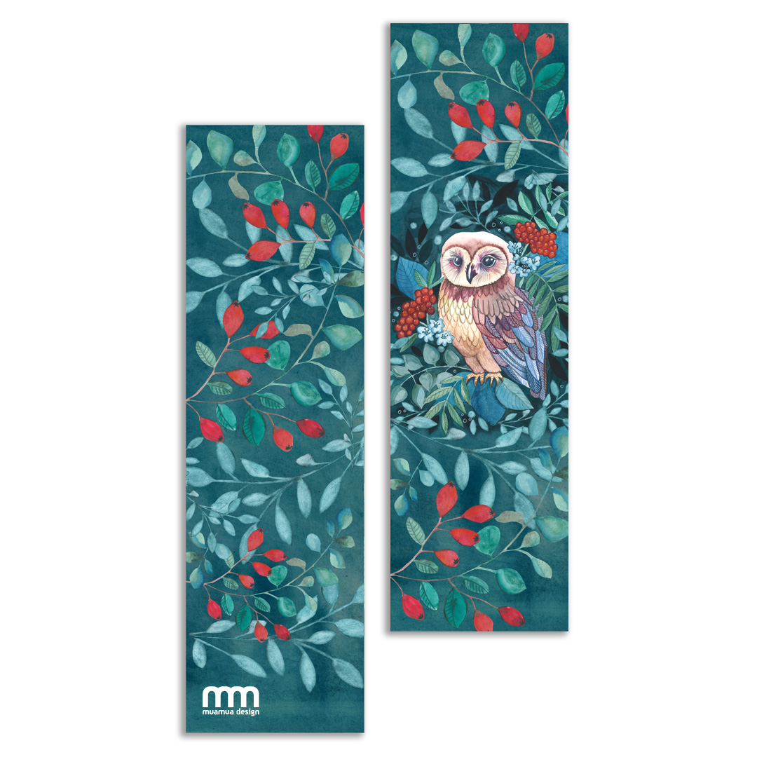 sowa w jarzębinie, zakładka do książki z botanicznym wzorem