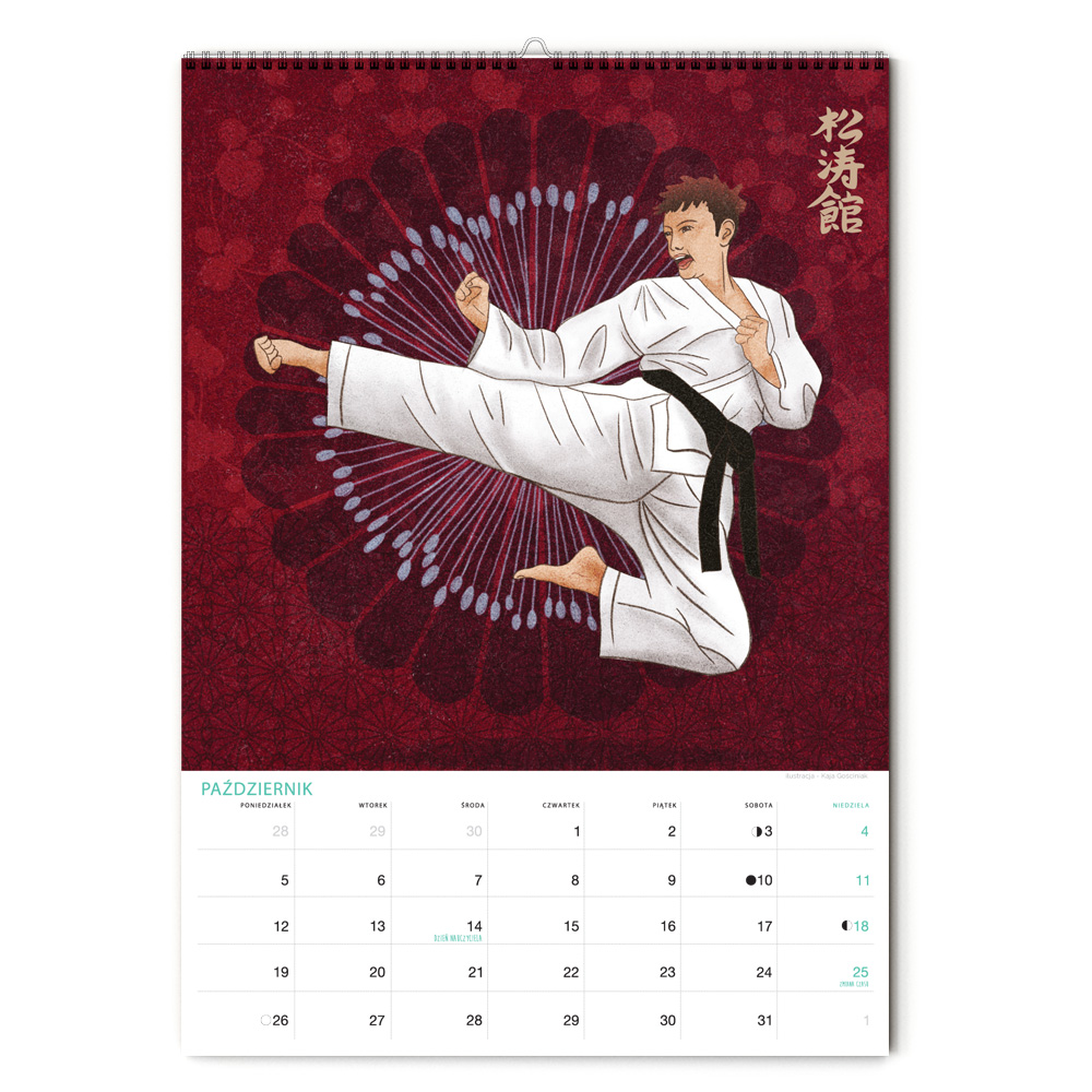 kalendarz-2026-karate-pazdziernik kalendarz karate na 2026 rok, z ilustracjami karateków