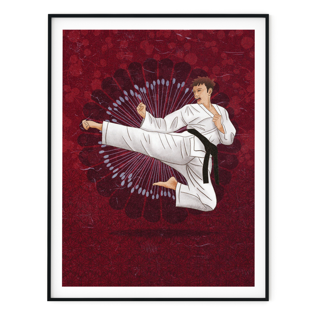plakat ilustracja karate w pozycji tobi geri