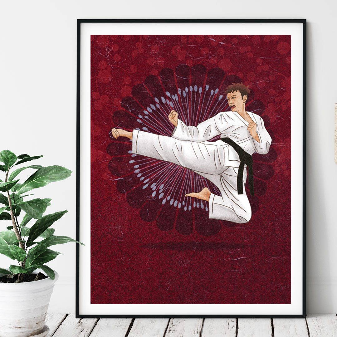 plakat ilustracja karate w pozycji tobi geri