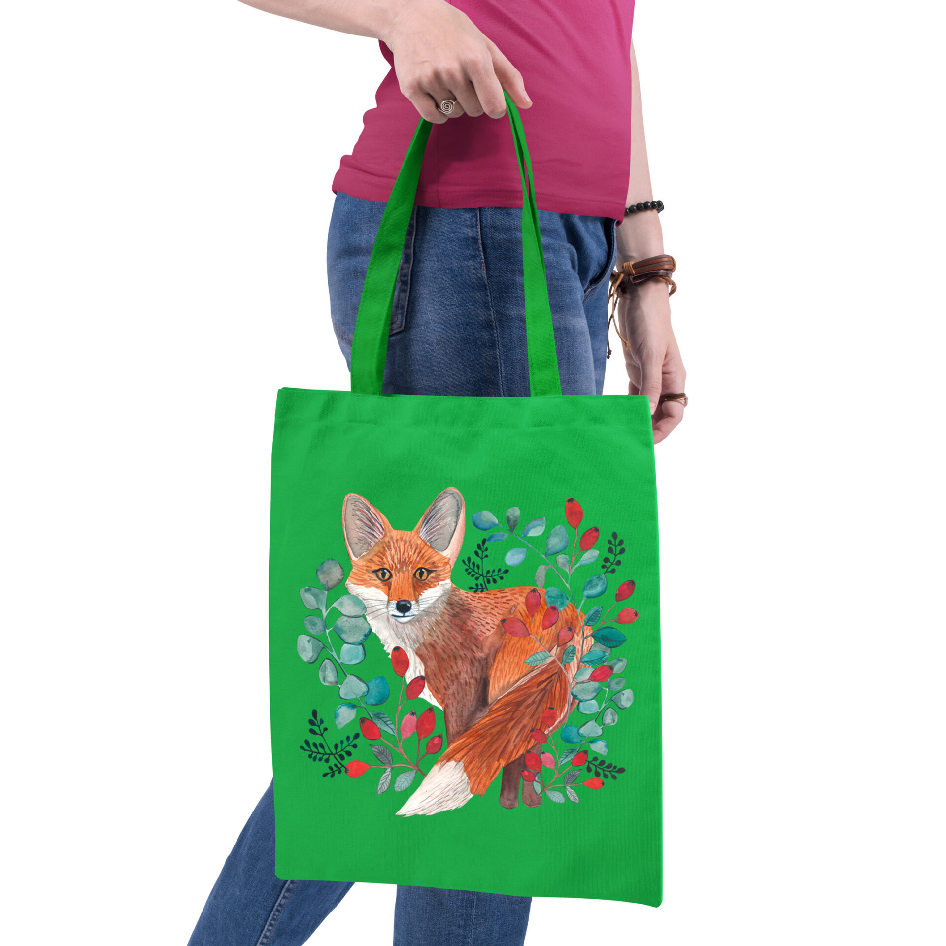 Mockups Design eko torba bawełniana zielona z nadrukiem lisa i botanicznego wzoru, idealna na małe zakupy