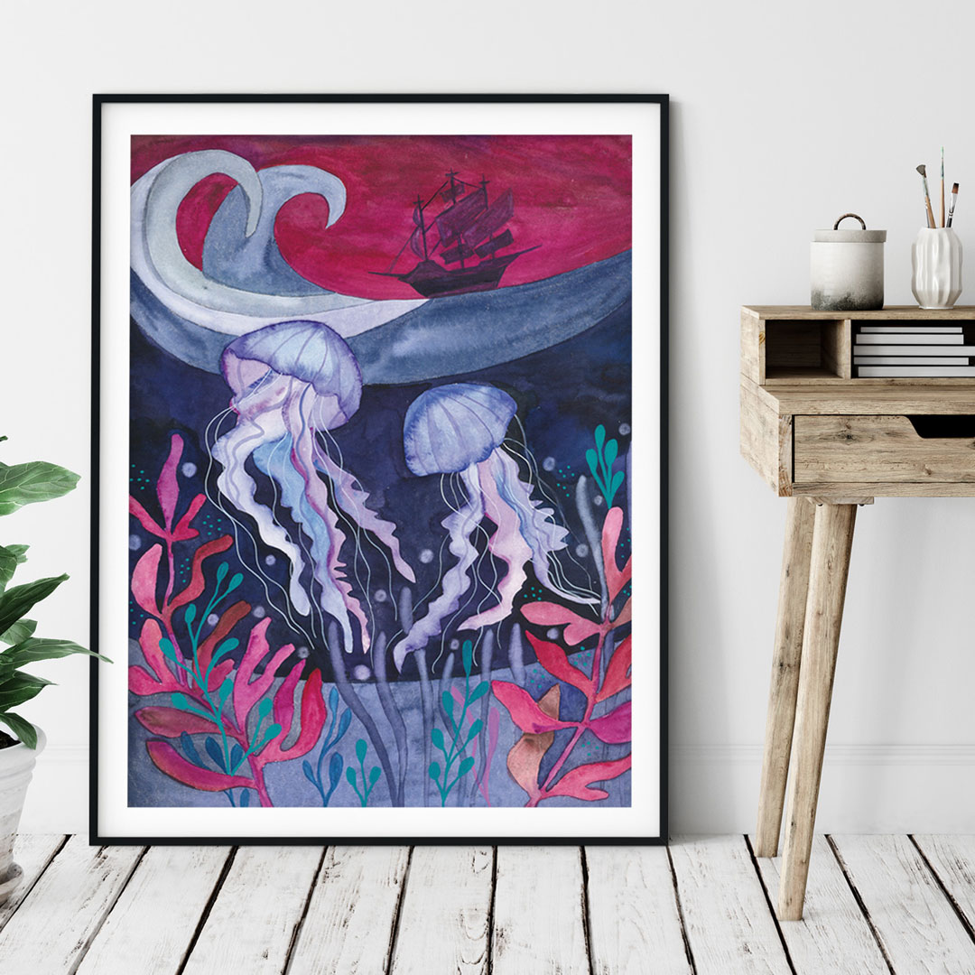 jellyfishes-meduzy-morski-swiat-plakat-ilustracja plakat z meduzą z serii Morski Świat