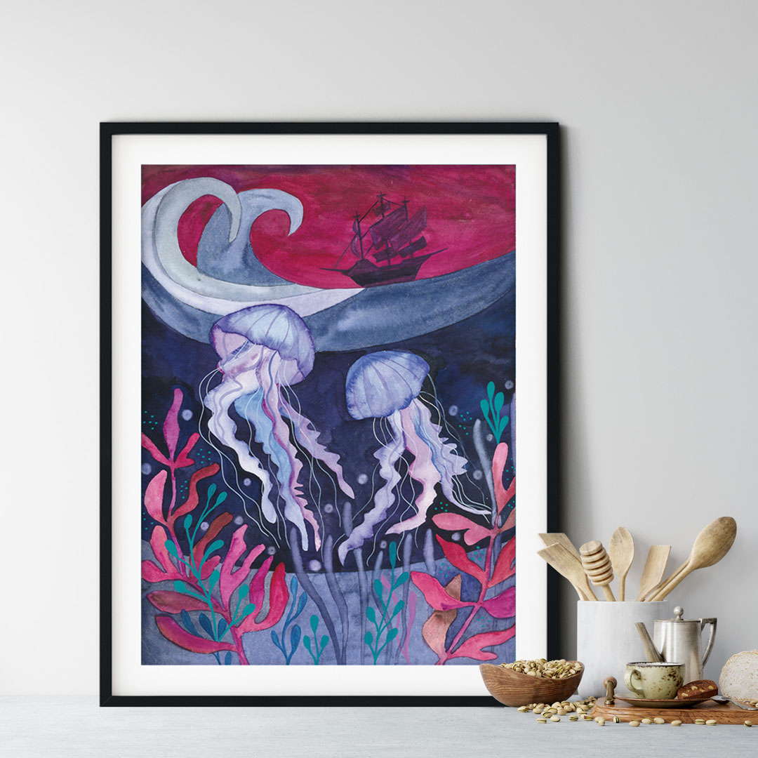 jellyfishes-meduzy-morski-swiat-plakat-lustracja plakat z meduzą z serii Morski Świat