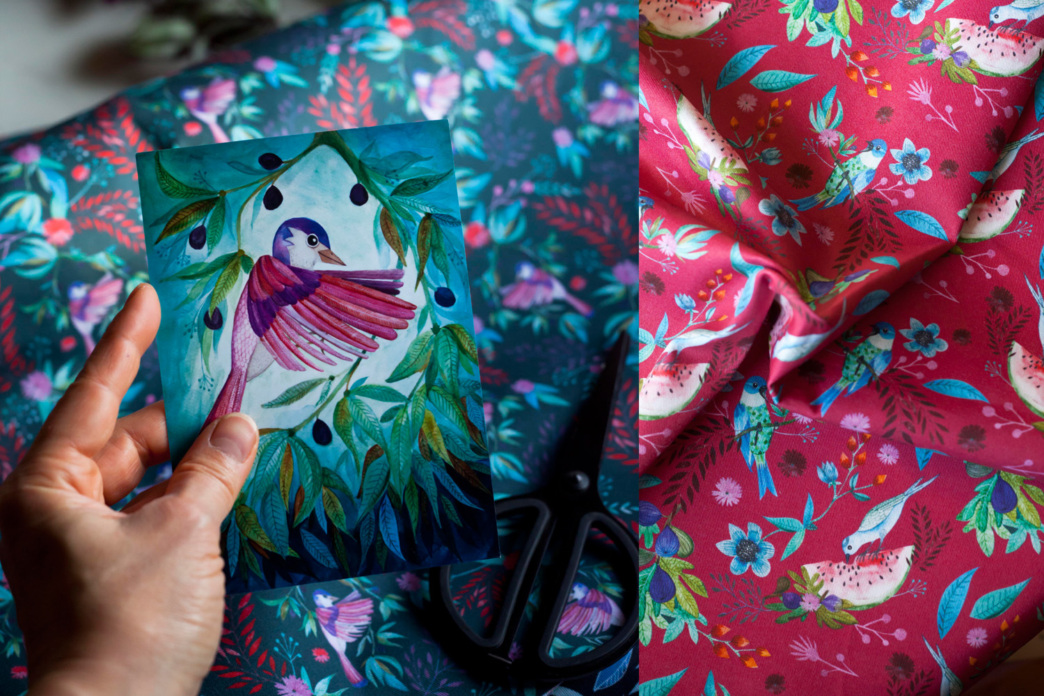 tkaniny z wzorami botanicznymi i ptasimi projektowanymi przez muamua design